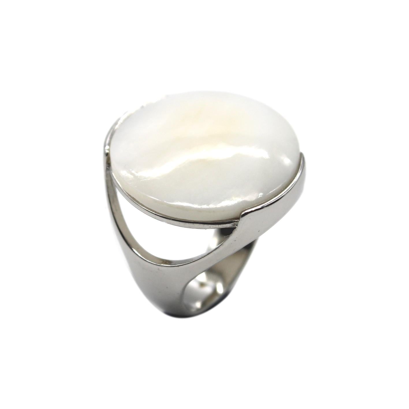 Geometric Circular Gemstone Ring - Mother of Pearl- Rhodium