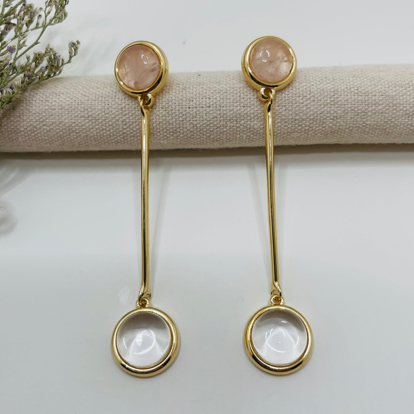 Whisper Double Earring- Rose and Crystal Quartz