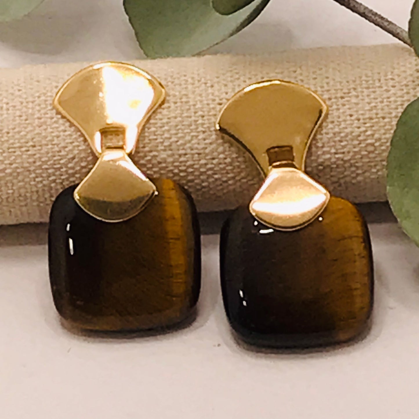 Frameless Square Gemstone Earring - Tiger Eye