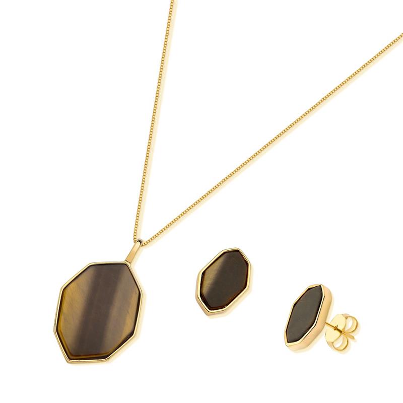 Geometric Stud Earring-18k Gol Plated - Tiger Eye