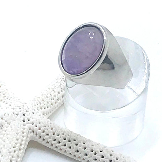 Oval Gemstone Signet Ring - Amethyst - Rhodium