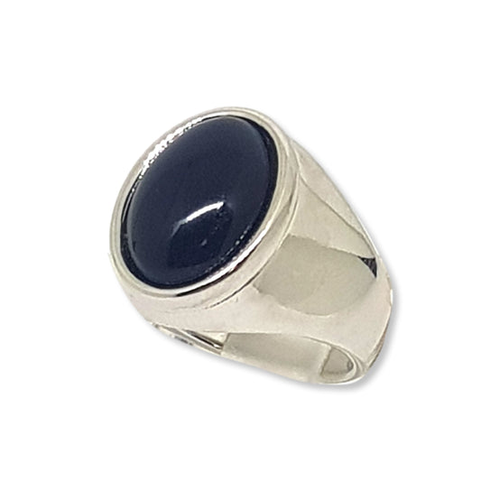 Oval Gemstone Signet Ring - Black Agate - Rhodium