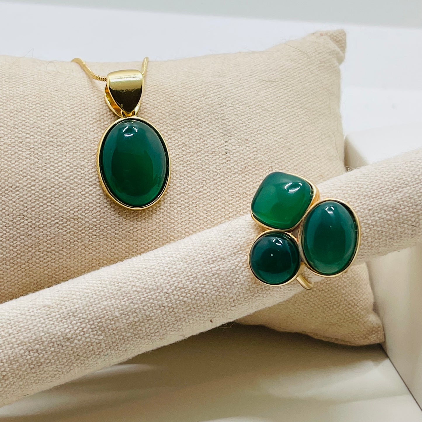 Three Gemstones Adjustable Ring - Green Agate