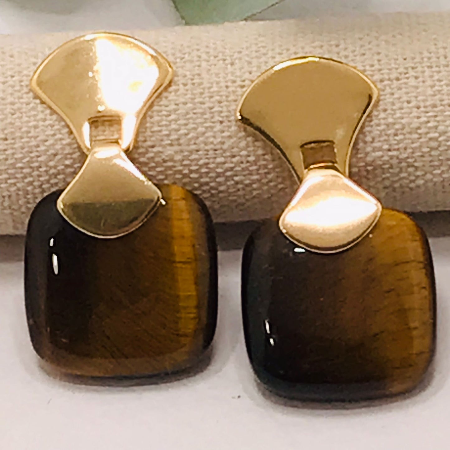 Frameless Square Gemstone Earring - Tiger Eye