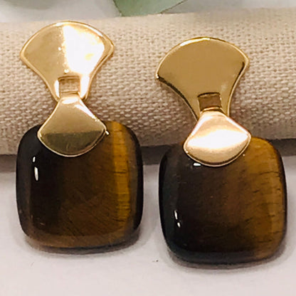 Frameless Square Gemstone Earring - Tiger Eye