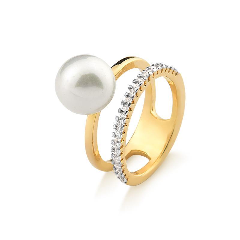 18K Gold Plated Double Band Pearl Ring with Zircon - Rio Design Europe