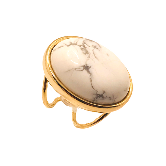 Anillo ajustable de piedra preciosa ovalada - Howlita blanca