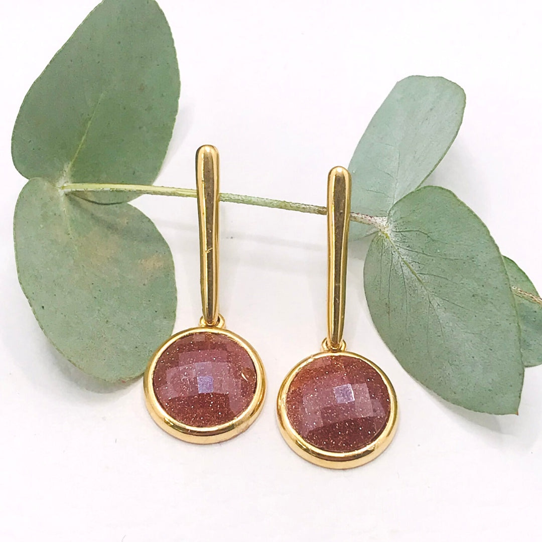 Pearly Gemstone Long Earring - Gold Plated - Pearly Sunstone
